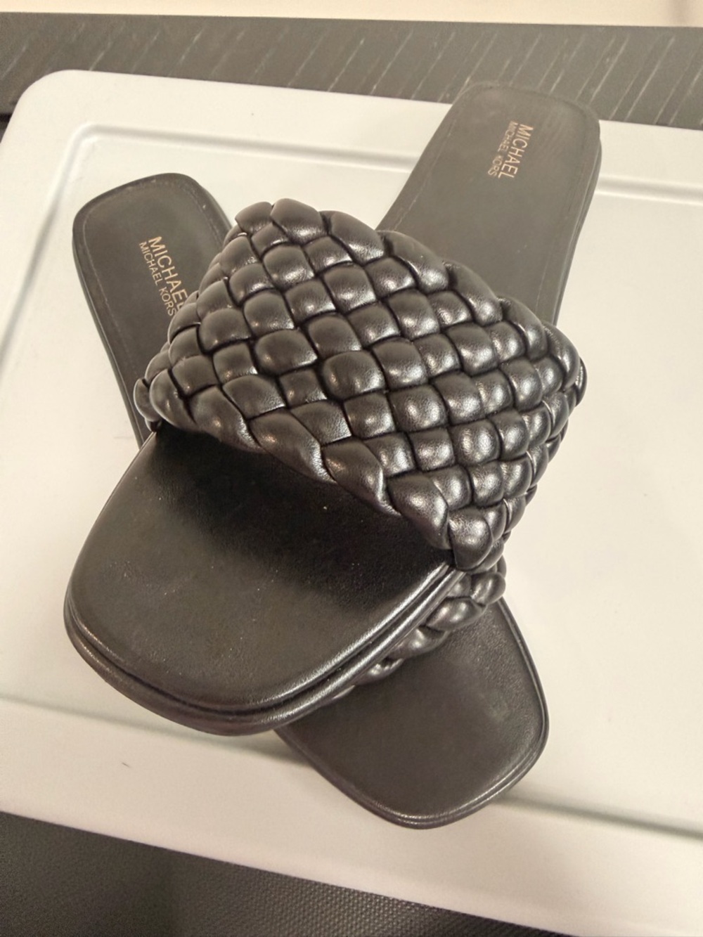 Michael Kors Black Woven Leather Slide Sandals